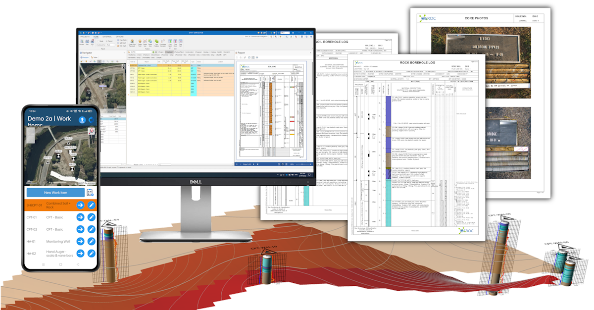 CORE-GS on a desktop monitor, the field app on a phone, and printed geotechnical logs and core photo sheets